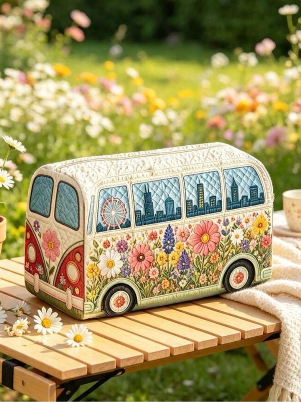 Floral Camper Van Quilted Cosmetic Bag - Cream & Multi - Picture 7 of 8